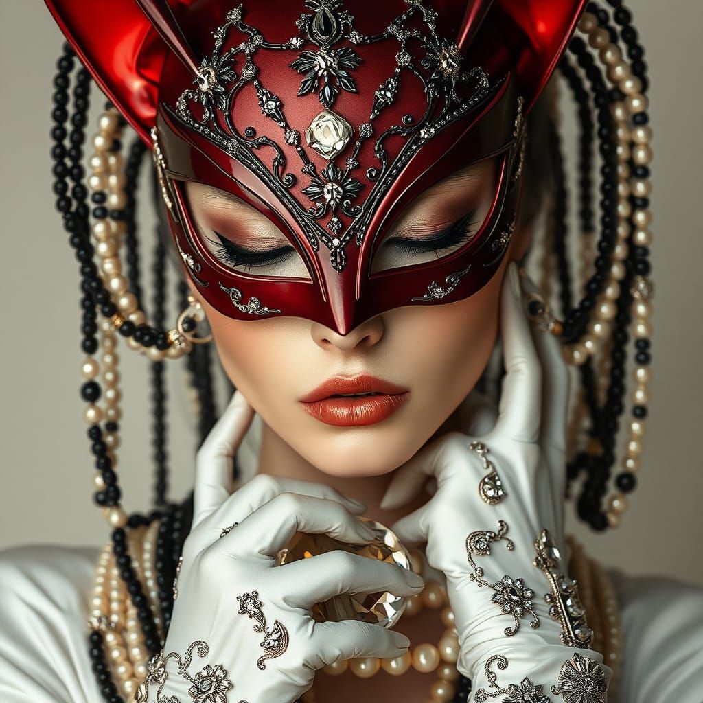 Ethereal Woman in Red Catwoman Mask, Hyper-realistic Portrai...