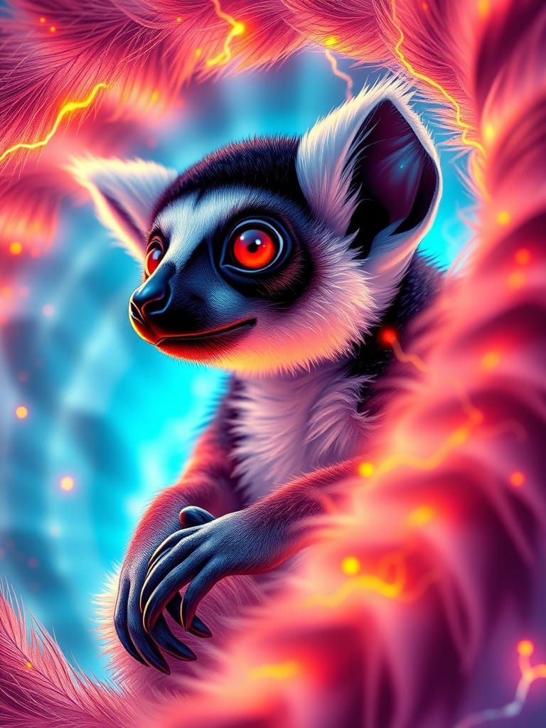 Lemur in Bioluminescent Feathers with Neon Glow