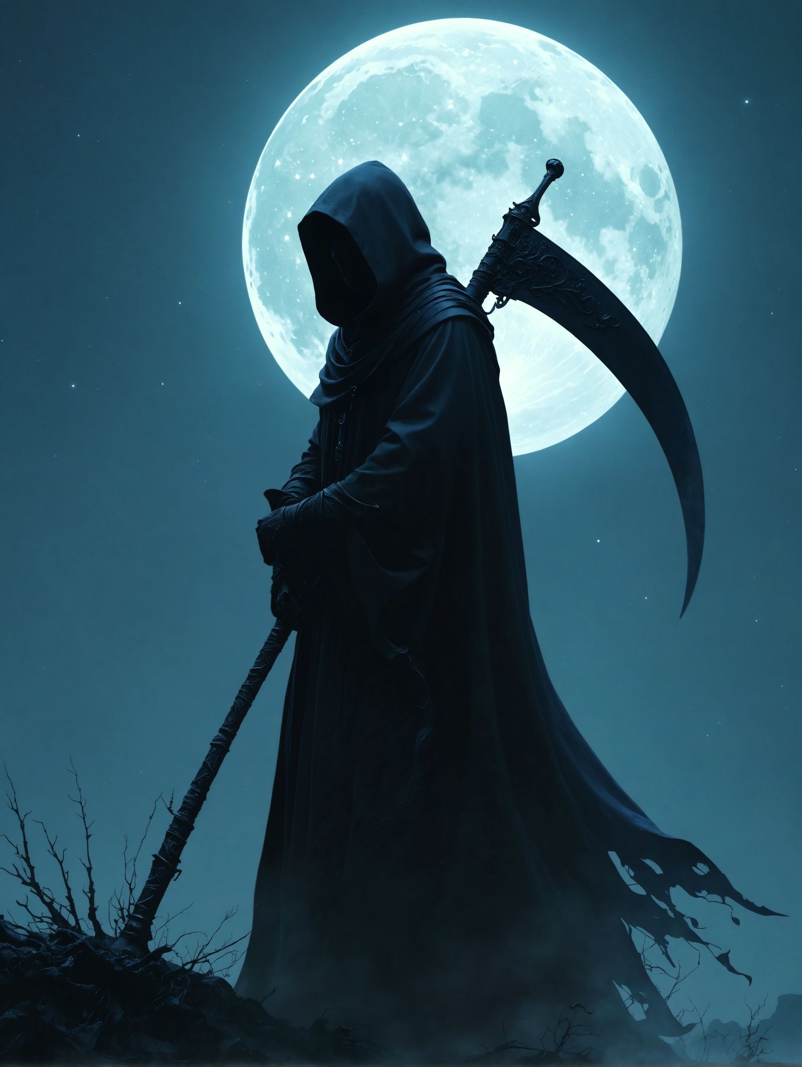 Hooded Specter with Scythe Under Moonlight