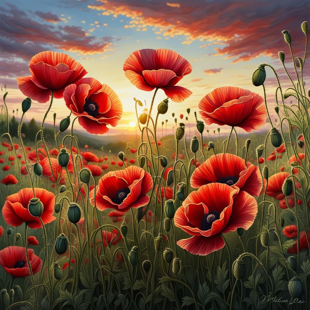 Red Poppies Field at Sunset: Intricate Details