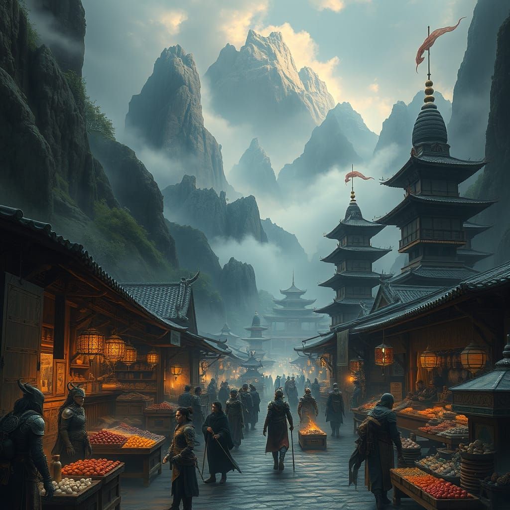 Serpent-Folk Merchants Amidst a Hidden Valley Marketplace