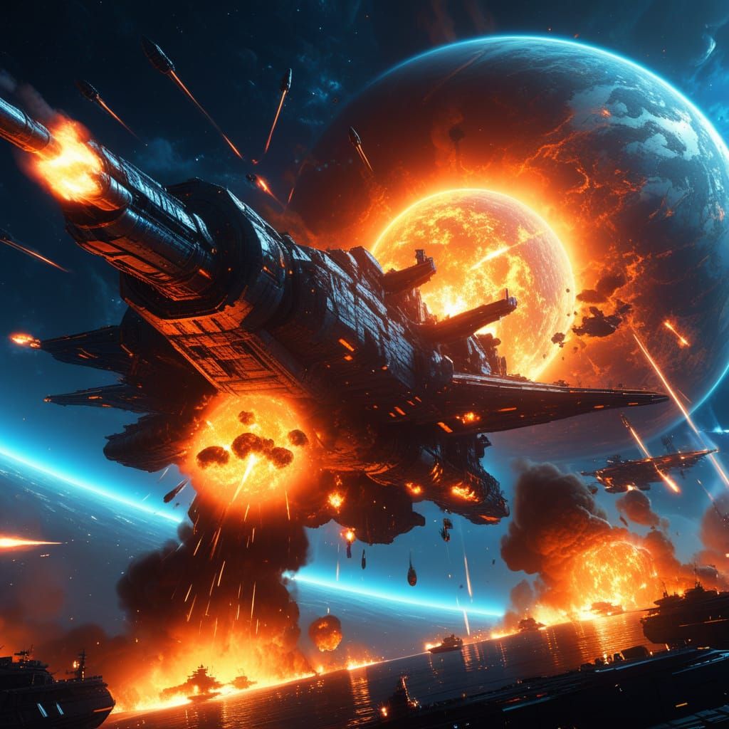Epic Futuristic Battleship in a Blazing Space Battle