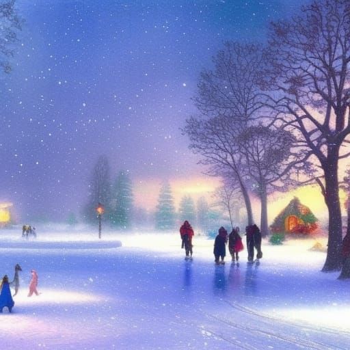 Winter Watercolour Landscape with Ice Skaters