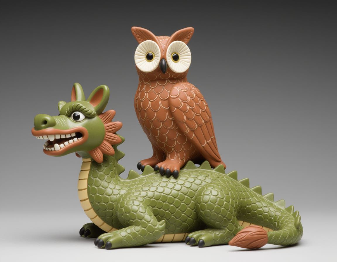 Clay Statuette: Owl Riding a Dragon