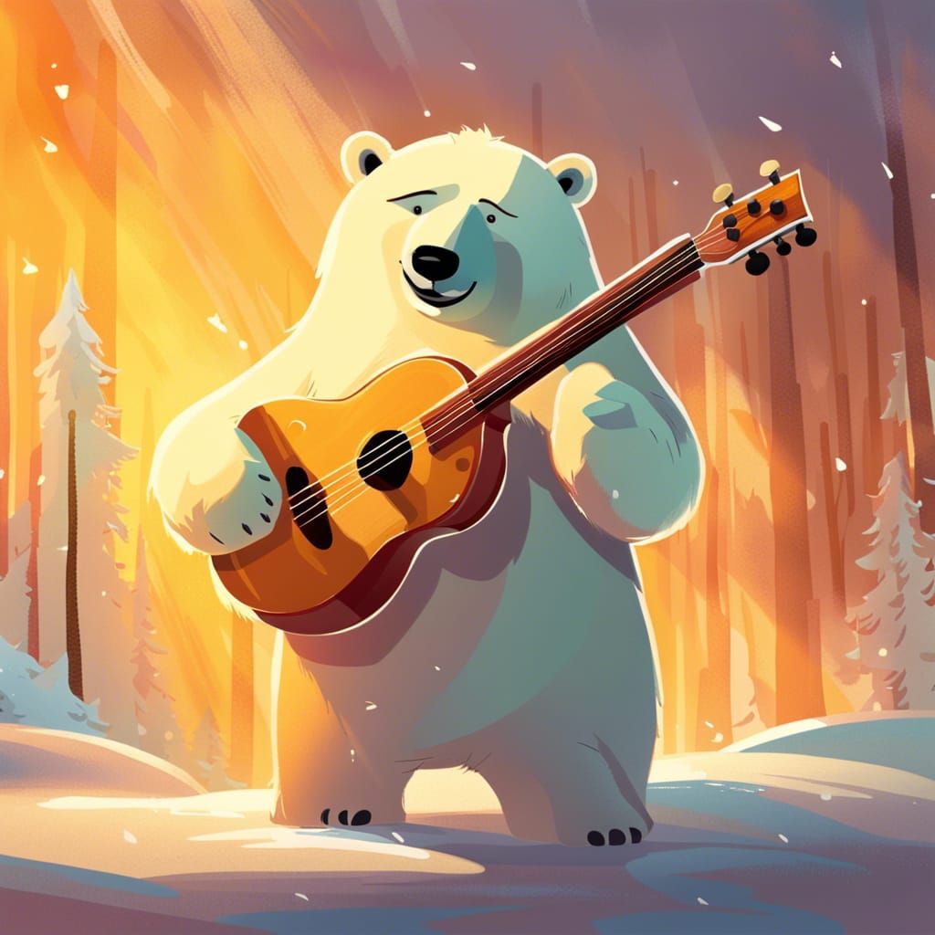 Happy Polar Bear Plays Bass Guitar, Cartoon Style
