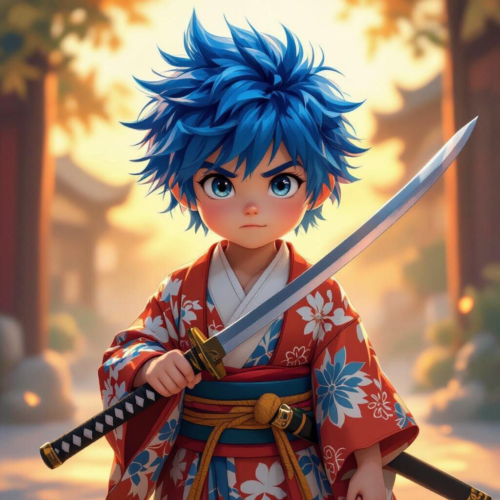 Four Year Old with Blue Hair and Sword in Kimono