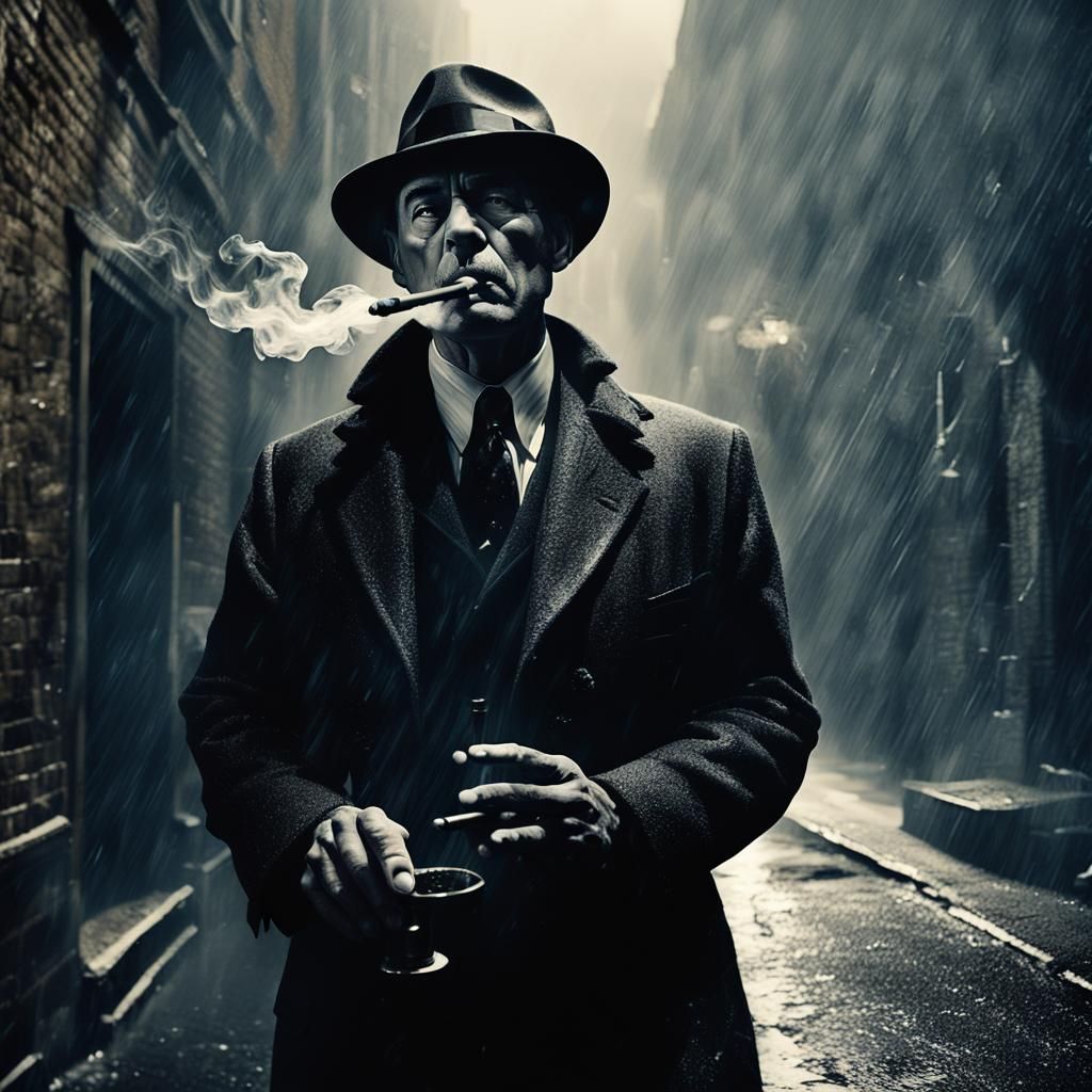 Film Noir Gangster in Rainy Alleyway