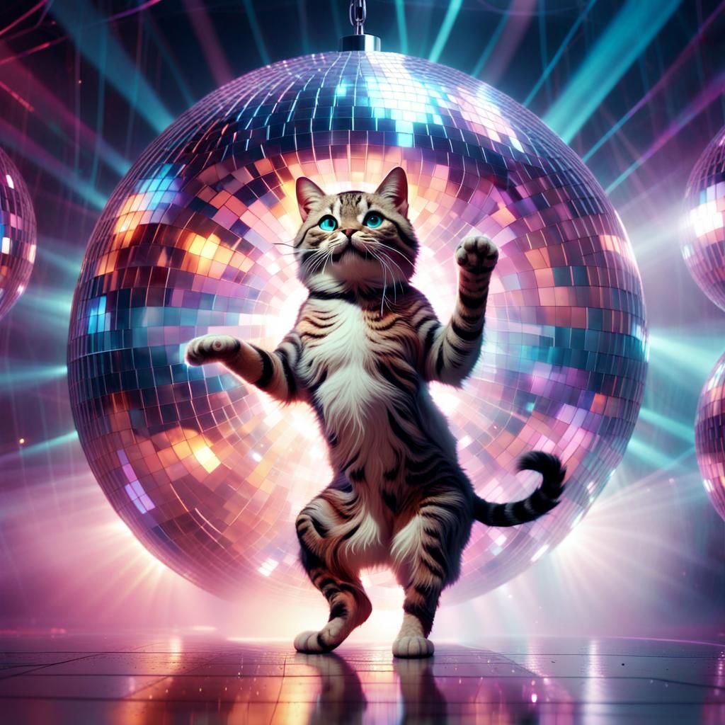 Sparkling Disco Cat Dancing in Mirrored Ball