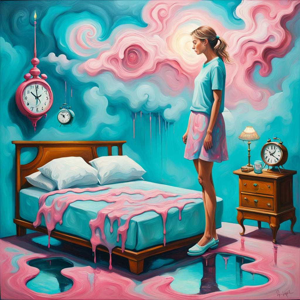Surreal Rooftop Bed with Melting Clock, Impasto Painting