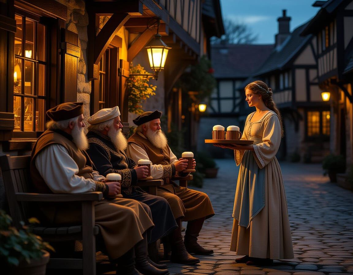 Medieval Tavern Scene at Dusk in Rubens Style
