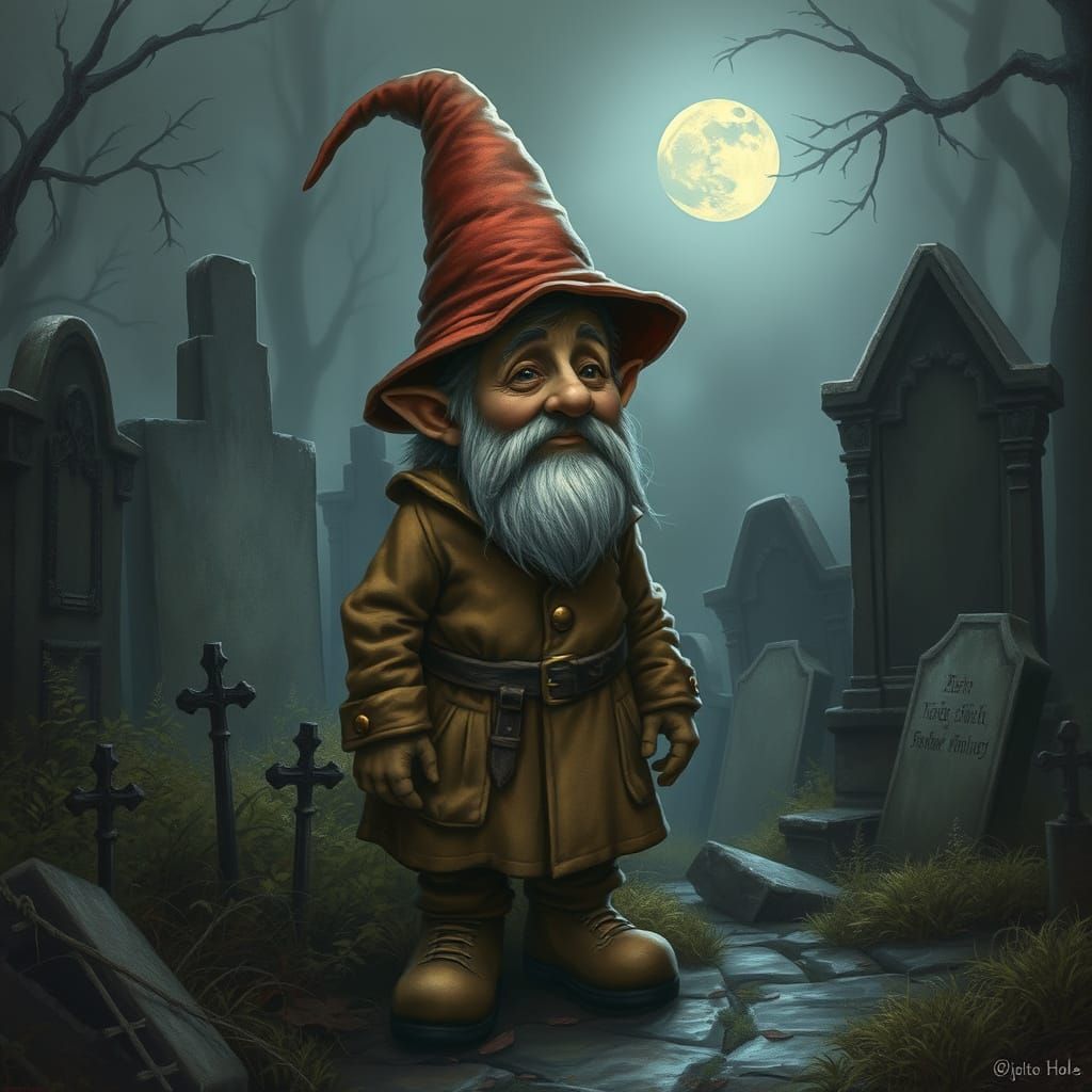 Gnome in Misty Moonlit Cemetery, Intricate Detail