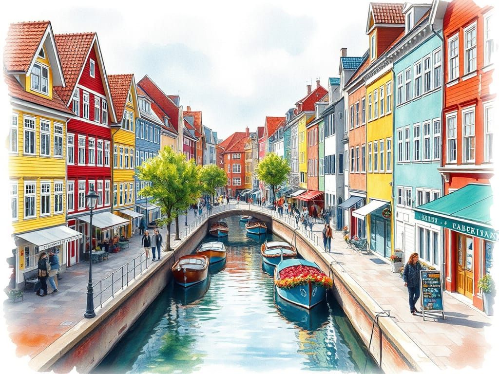 Vibrant Watercolor Scene of Lively Canal with Colorful House...