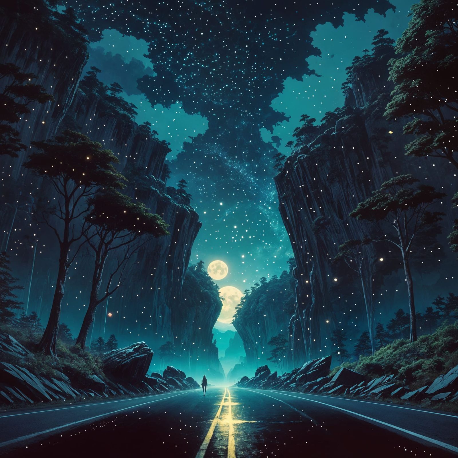 Dark Fantasy Landscape with Night Forest Road