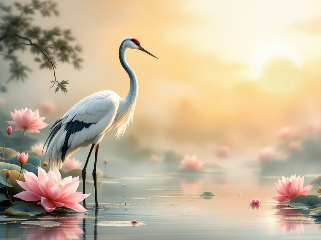 Ethereal Crane in Soft Grey, Amidst Pink Lotus Flowers and G...