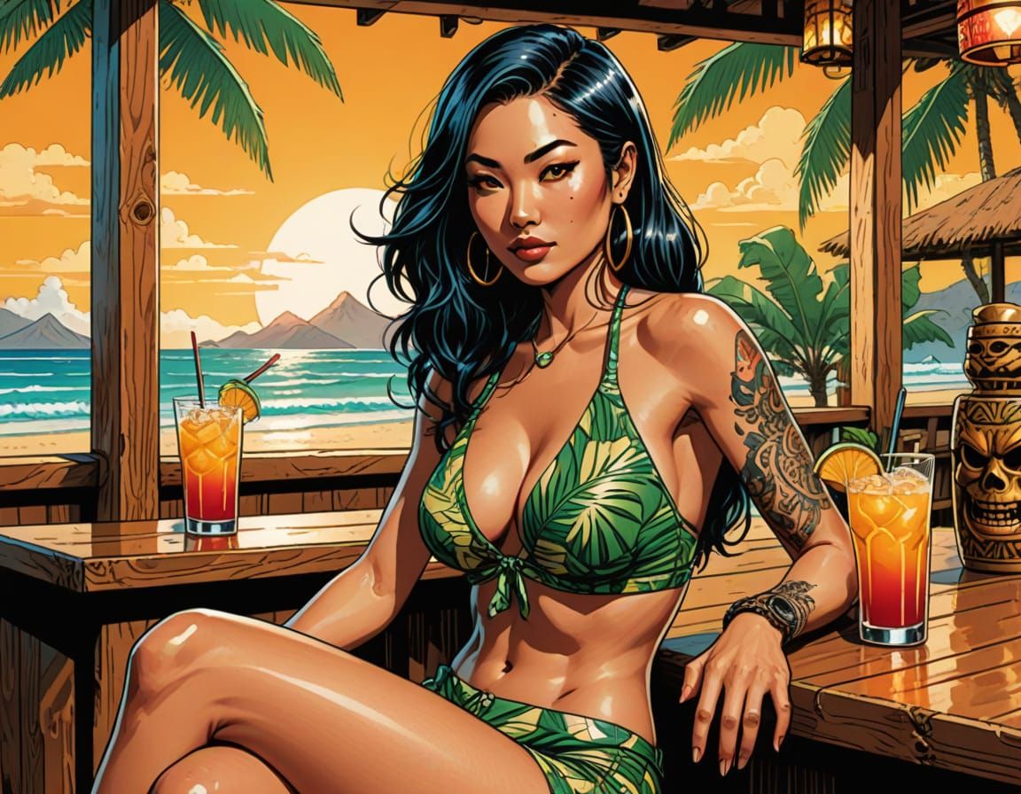 Tattooed Actress in Tiki Bar, Comic Book Art