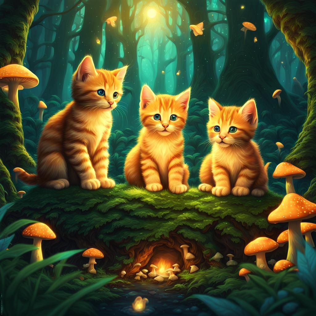 Enchanted Forest: Four Ginger Kittens in Fantasy Art