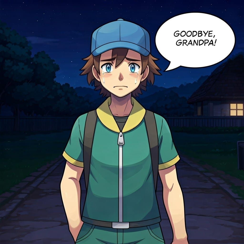 Pokémon Trainer's Tearful Farewell at Night