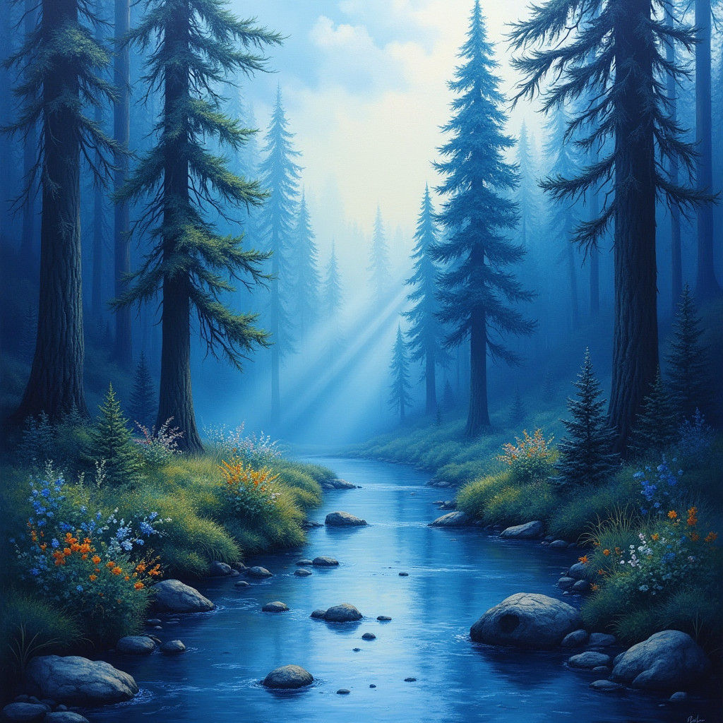 Dreamlike Conifer Forest Clearing in Surrealist Oil Painting