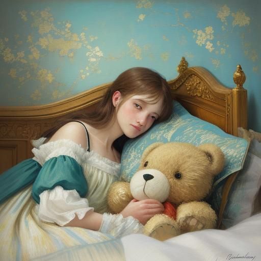 Cozy Impressionist Girl with Toys in Bed