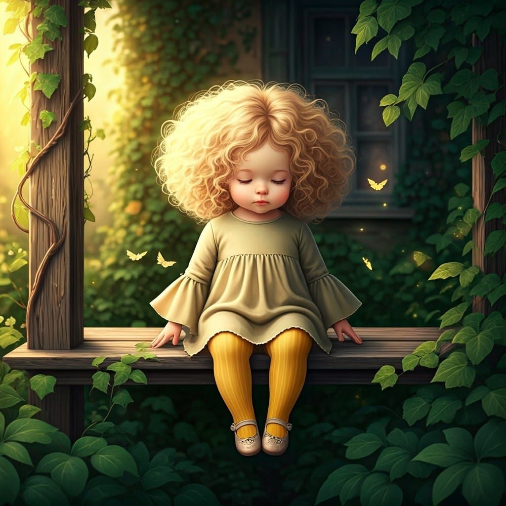 Whimsical Girl on a Vintage Porch Swing in a Sunny Countrysi...