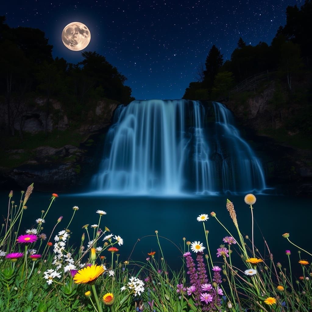 Moonlit Waterfall at Night with Wildflowers and Starry Sky