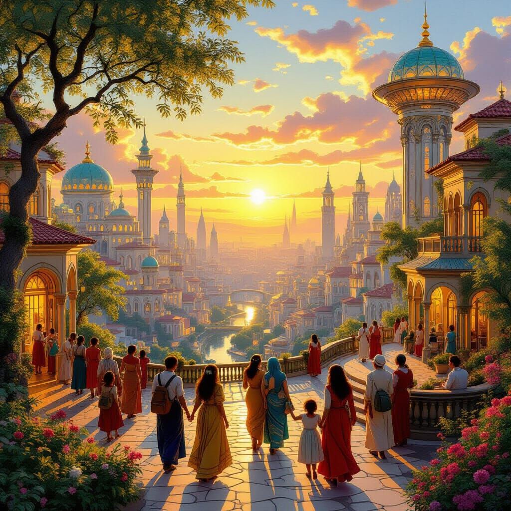 Utopian Cityscape at Golden Hour: Peace and Unity