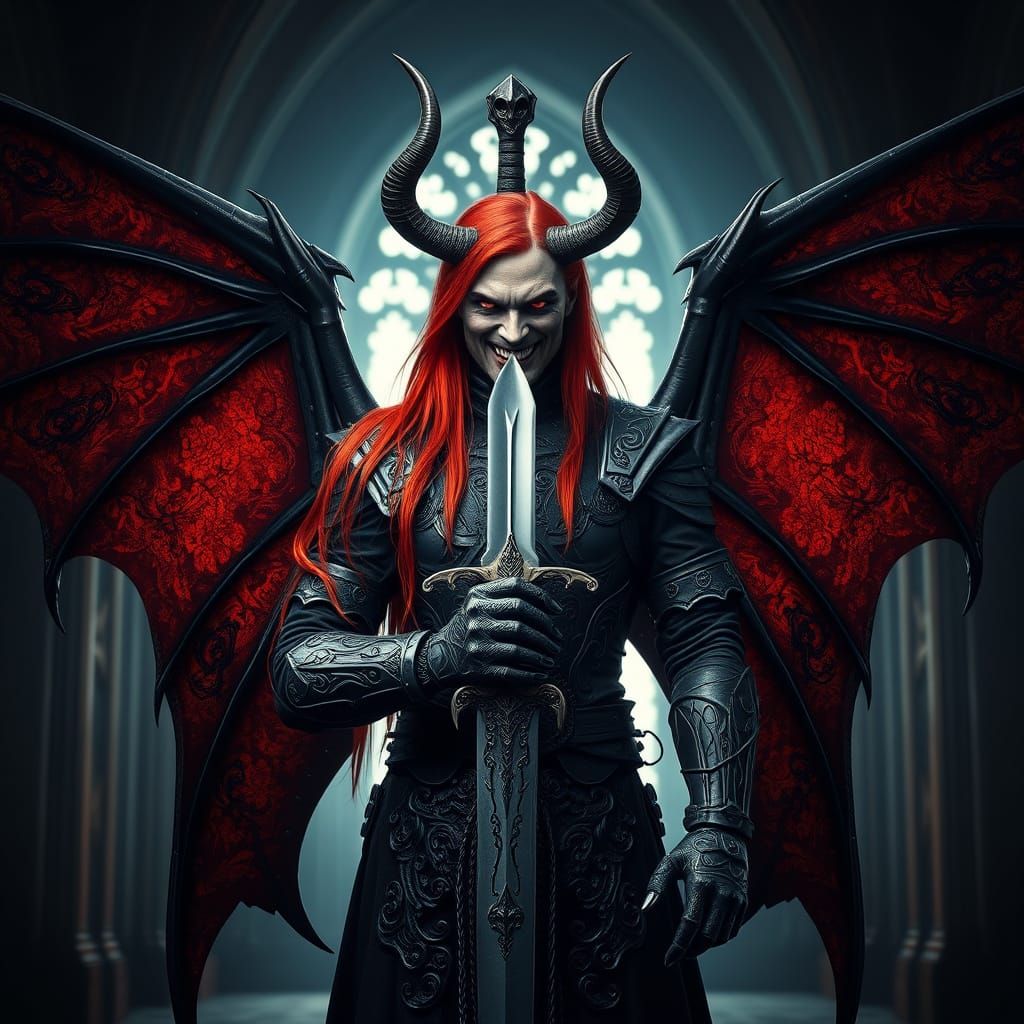 Menacing Demon in Gothic Setting with Glowing Eyes