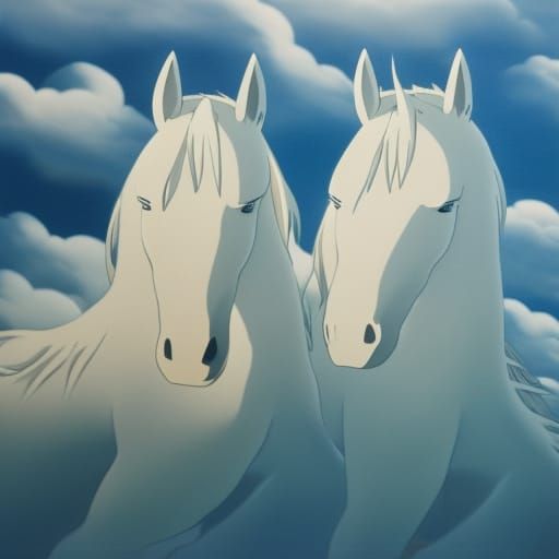 White Horses in Studio Ghibli Anime Style