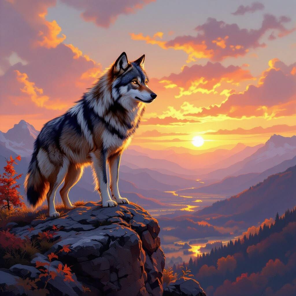 Majestic Wolf Overlooking Autumn Valley at Sunset