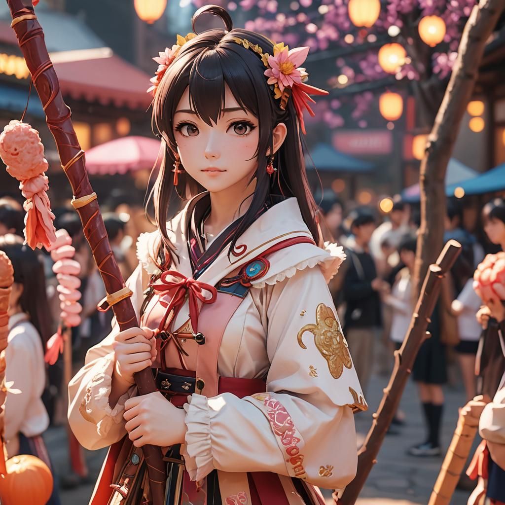 Anime Girl Holding Snack at Japanese Summer Festival