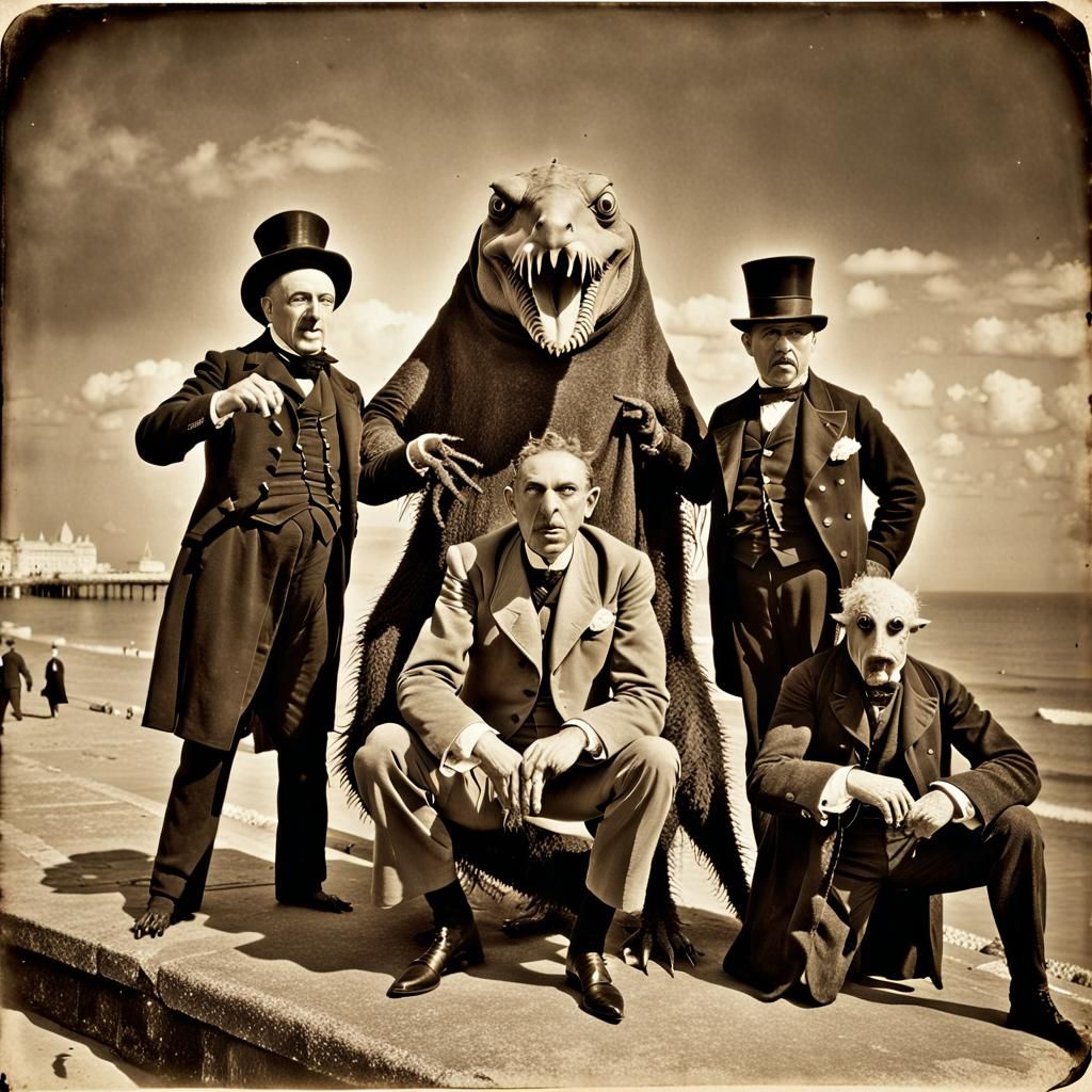 Grotesque Lovecraftian Monster on Margate Seafront, Sepia Ph...