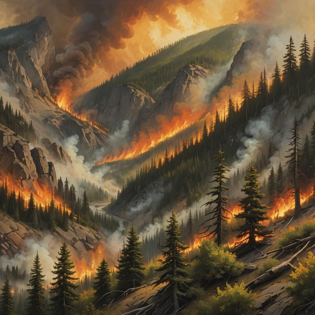 Forest Fire Landscape in Bierstadt Style