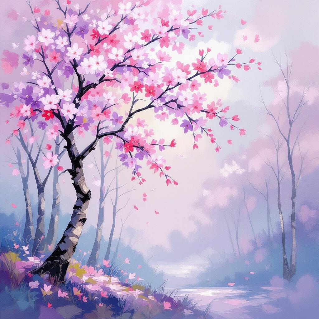 Cherry Blossom Tree in Impressionist Style