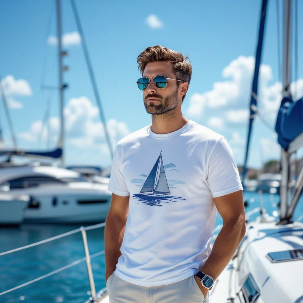 Nautical Lifestyle: Man in Sailboat T-Shirt at Marina