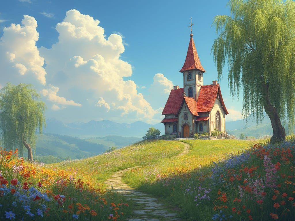 Utopian Church Amidst Vibrant Paradise as Matte Painting