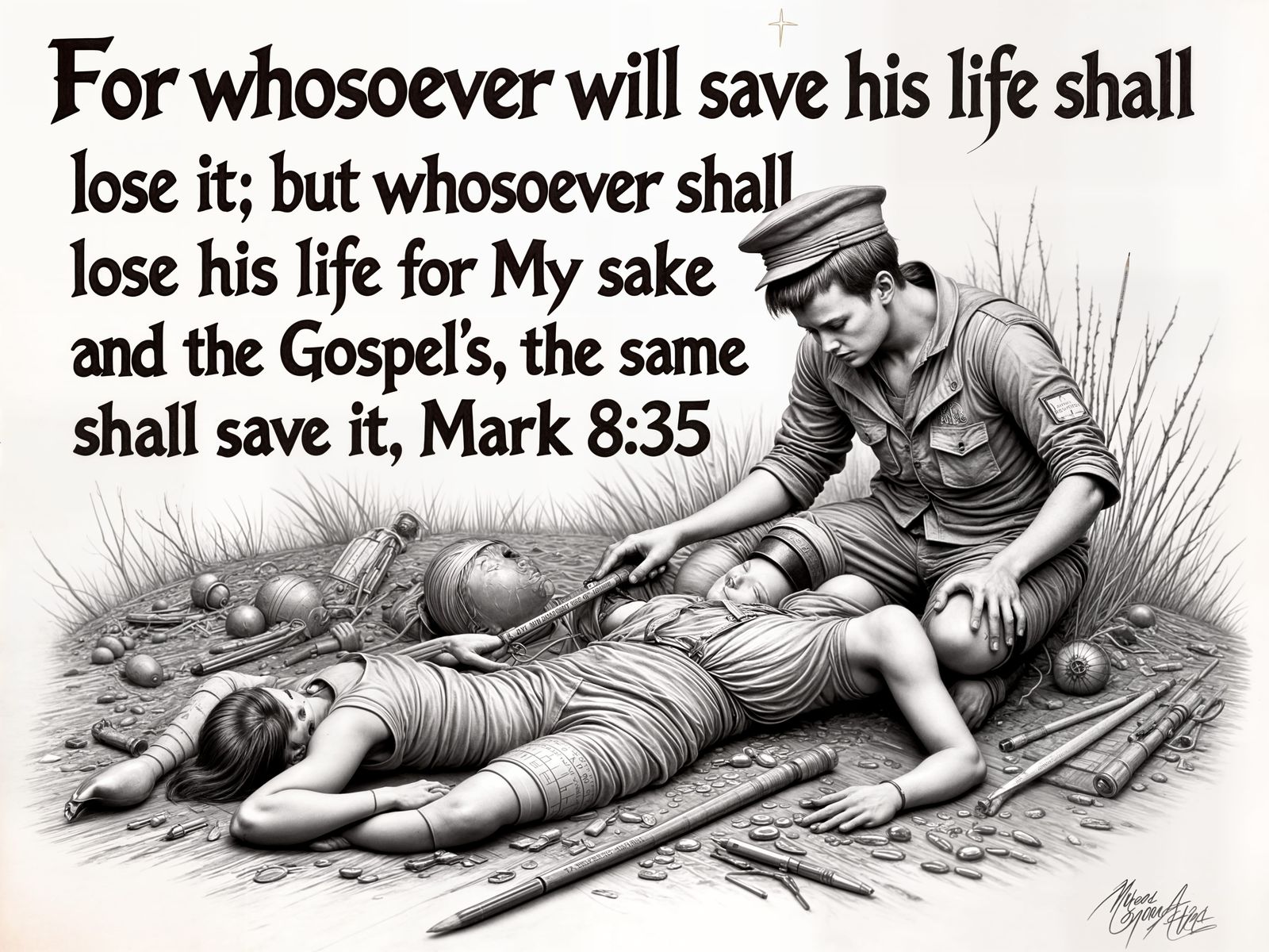 Pearl Harbor Sailor Prays with Wounded in Pencil Sketch