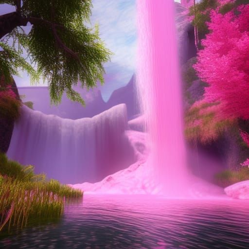 Pink Waterfall in Lake: 3D Game Cinematic Graphics