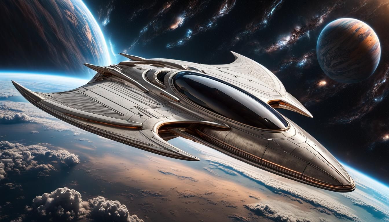 Hyperrealistic Starship Surfing Lightning Wave in Space