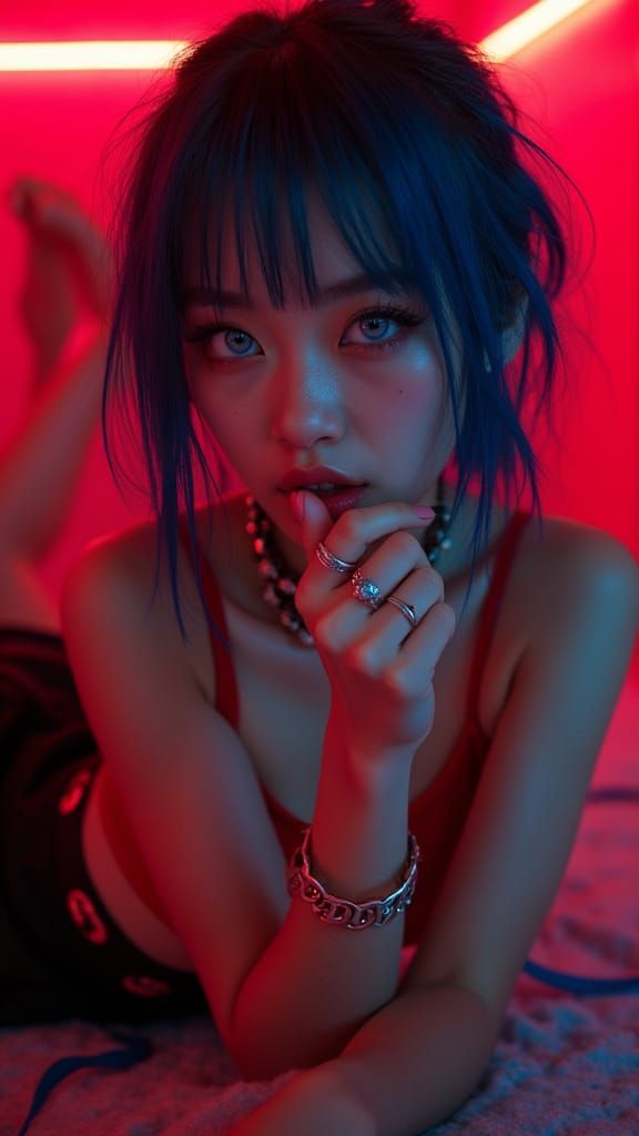 Japanese Woman with Blue Viking Hair in Neon Room