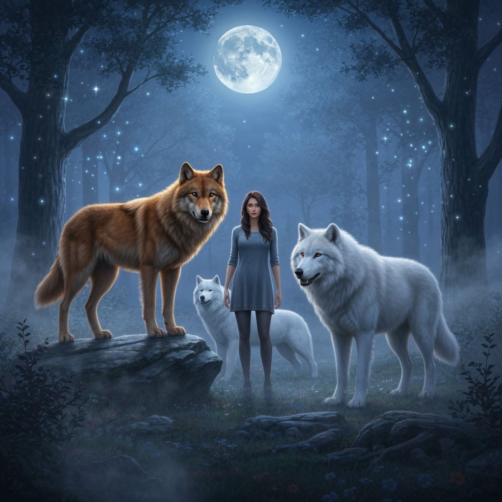 Wolf Pack and Human in Moonlit Forest Clearing