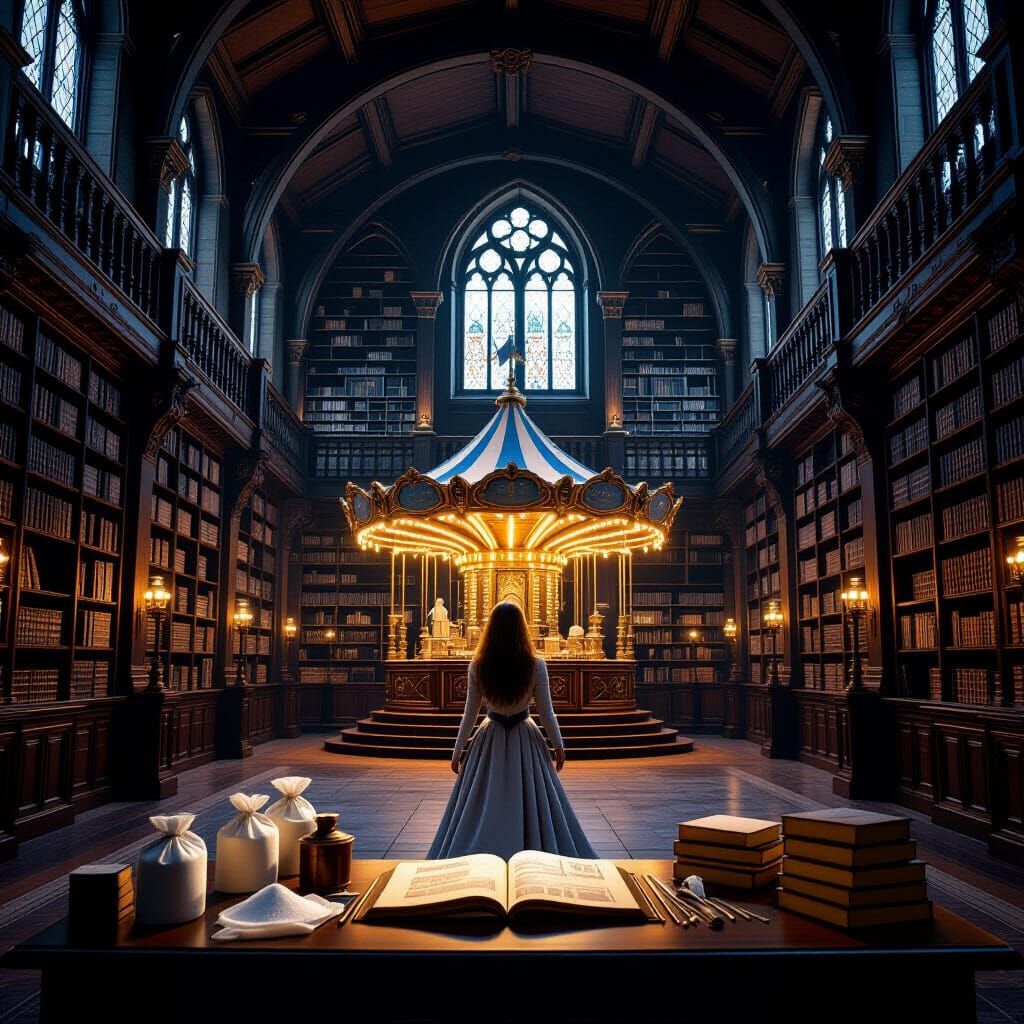Enchanted Fairy in Castle Library with Magic Potions