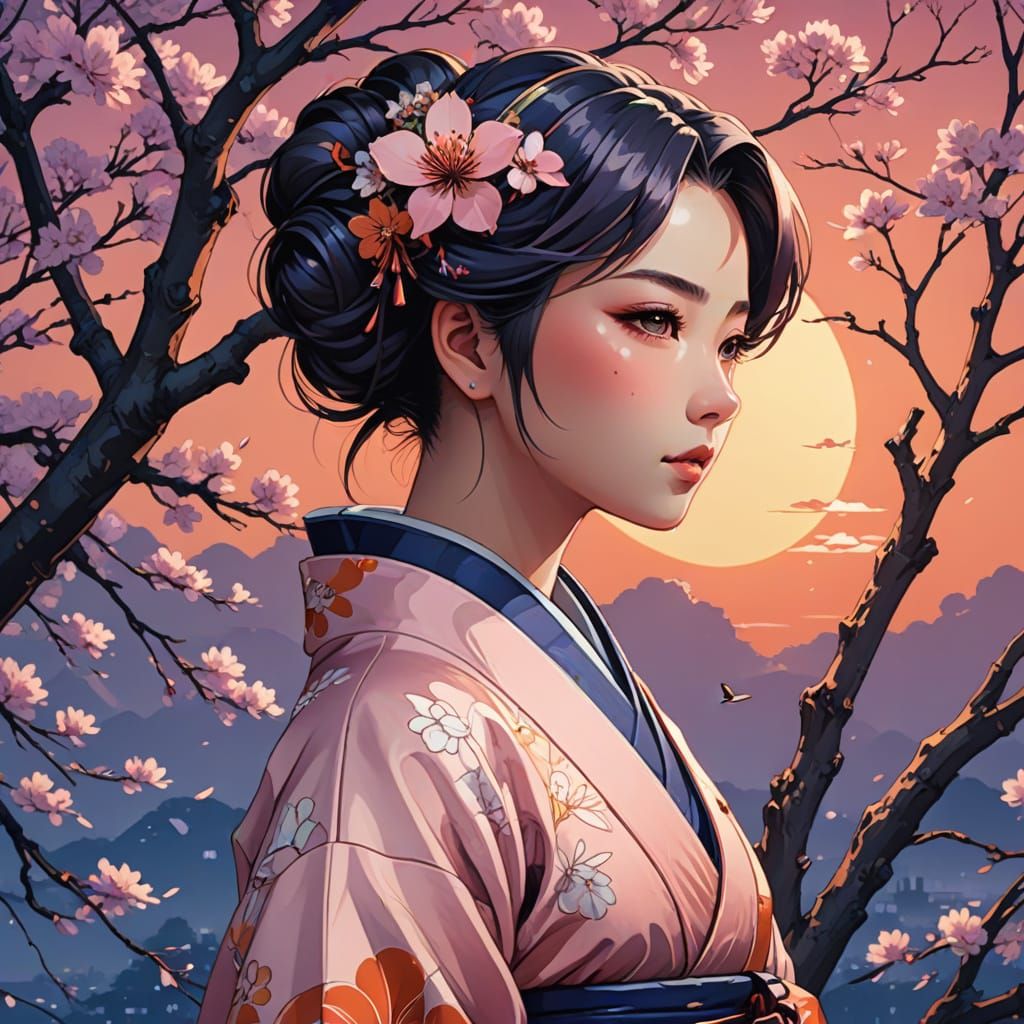 Jugendstil Girl Amidst Blossoming Tree in Vibrant Sunset hue...