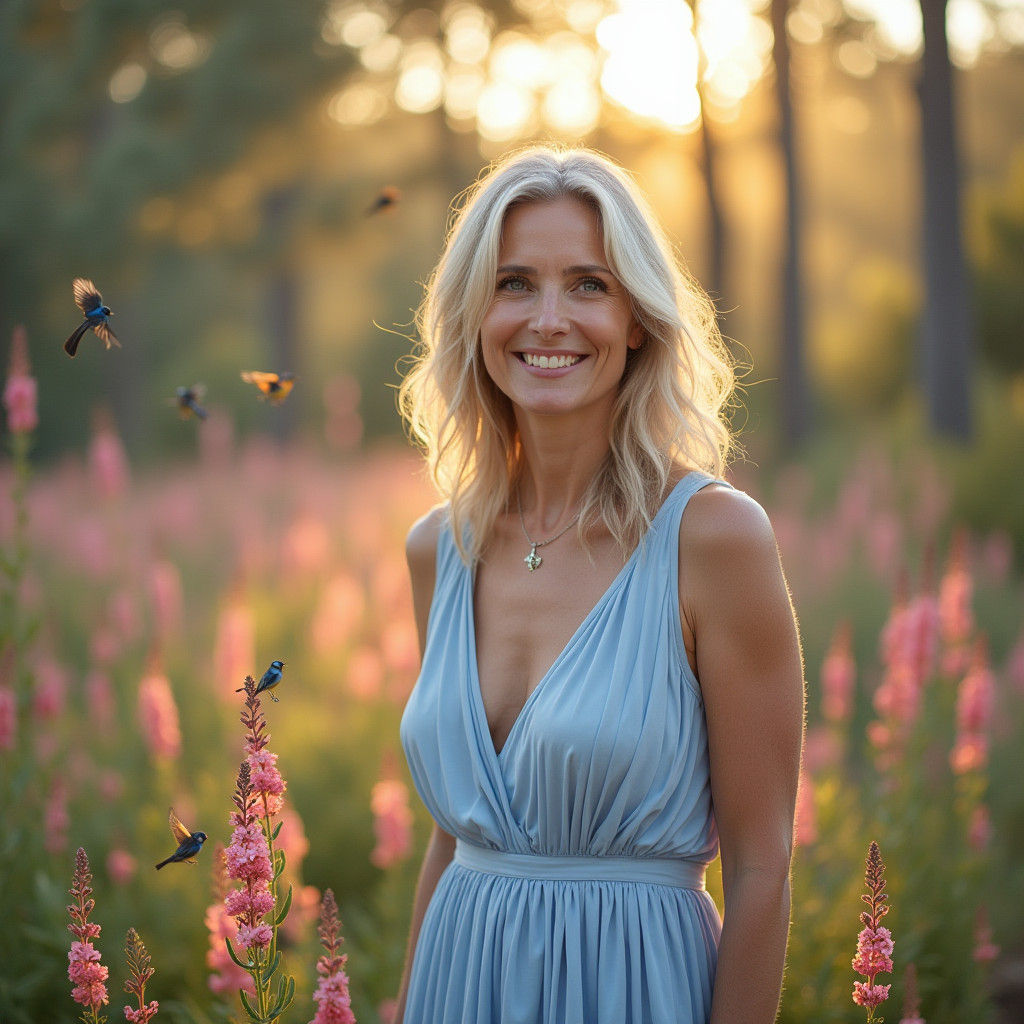 Woman in Blue Dress at Golden Hour, Impressionistic Style