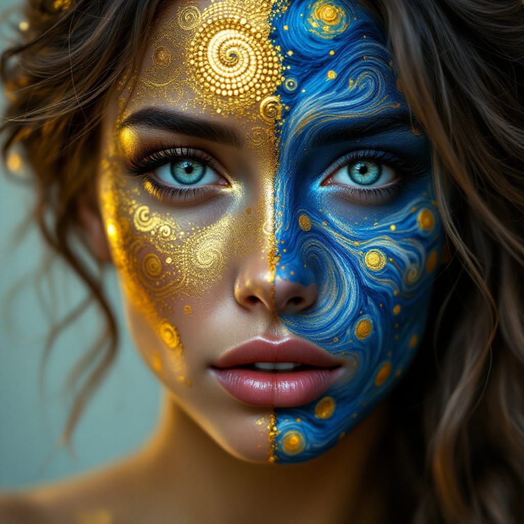 Woman's Face Divided in Klimt and Van Gogh Styles