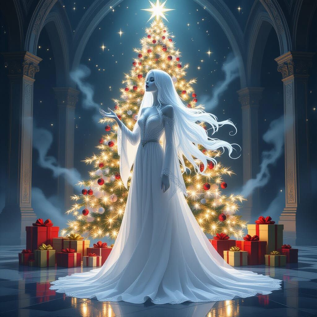 Ethereal Ghost Girl Sings by Christmas Tree