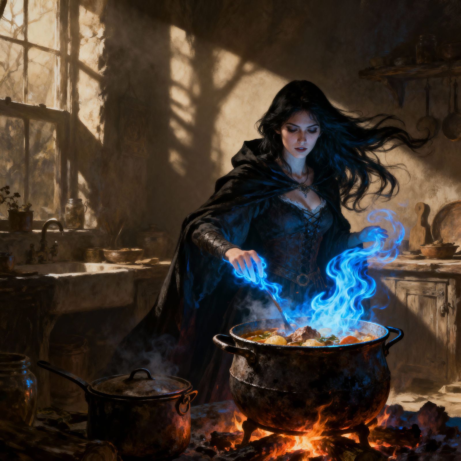 Young Witch Cooks Stew With Magical Fire in Dark Fantasy Sty...