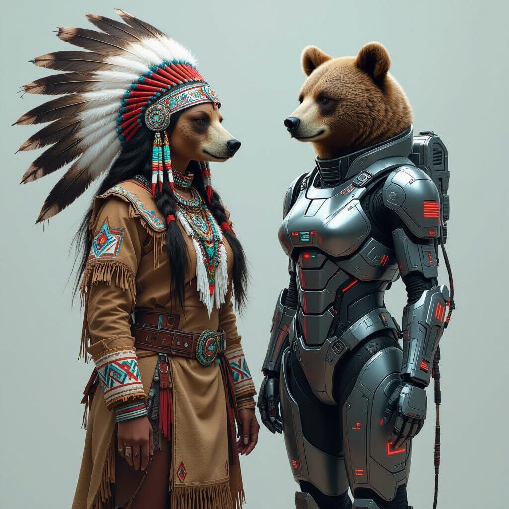 Native American Warrior Bear Meets Futuristic Leader Bear