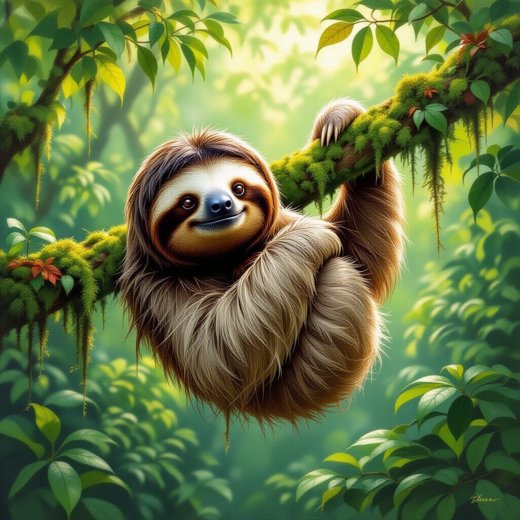Serene Sloth in Sun-Dappled Jungle Oil Painting