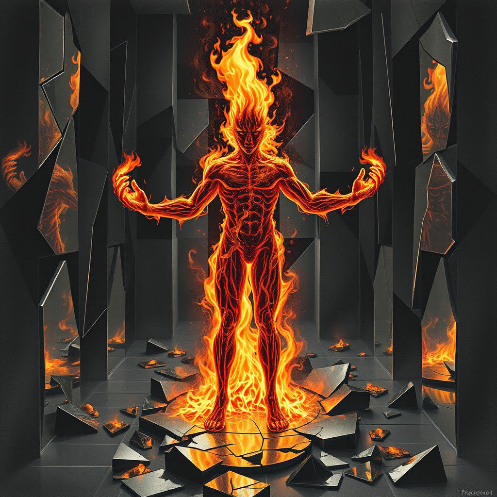 Flaming Figure in Shattered Mirror Maze