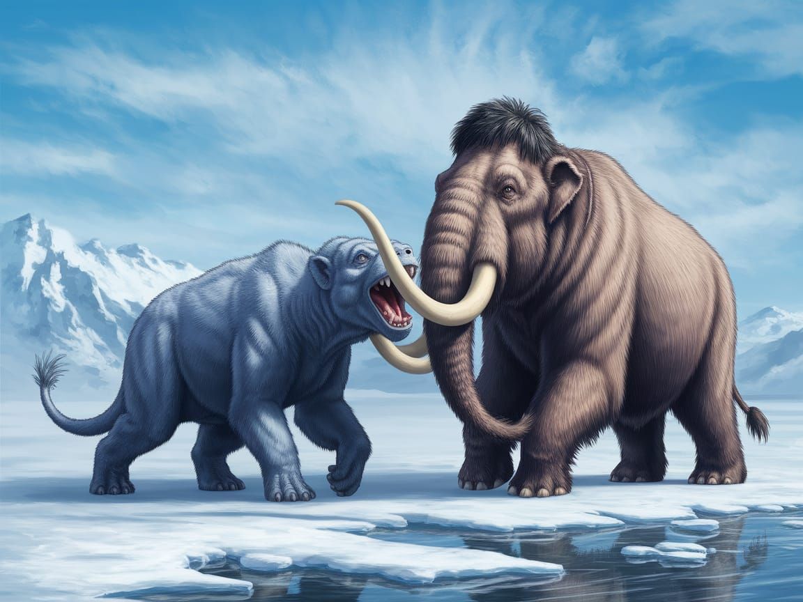 Smilodon and Woolly Mammoth Battle in Snowy Tundra